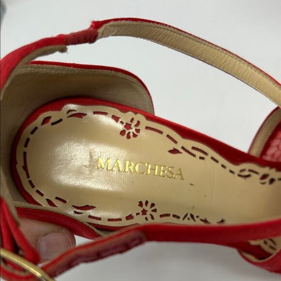 Marchesa Red Lace Satin Party Peep Toe Heels Pumps Size 38.5 0059 - Picture 2 of 10